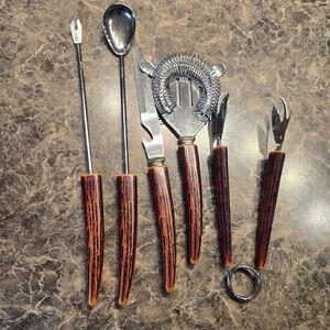 Vintage Bar‎ Tool Set, Faux Antler Horn, Deer Design, MCM Strainer Tongs,...
